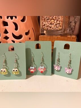 Sanrio PastelCharacter Drop Earrings in Yellow, Pink & Lavender New handmade